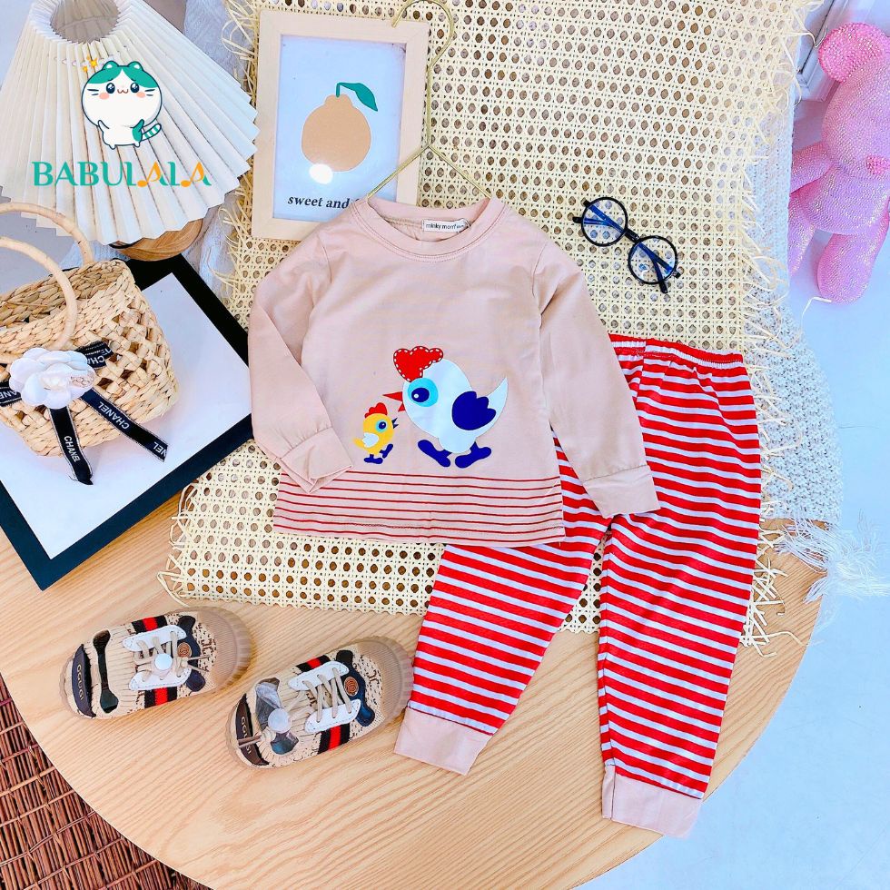 Đồ Bộ Dài Tay Thun Lanh Minky Mom Chính Hãng Quần Sọc Dệt Xịn Áo Hoạ Tiết Cá Gấu Gà Cho Bé 8-20kg - Babulala