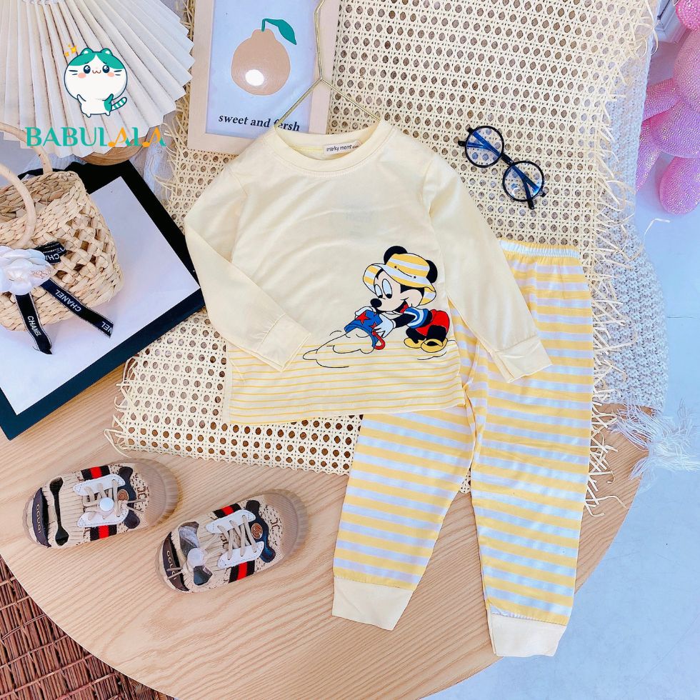 Đồ Bộ Dài Tay Thun Lanh Minky Mom Chính Hãng Quần Sọc Dệt Xịn Áo Hoạ Tiết Cá Gấu Gà Cho Bé 8-20kg - Babulala