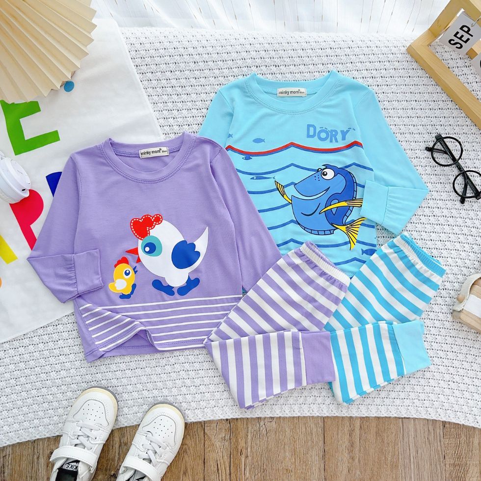 Đồ Bộ Dài Tay Thun Lanh Minky Mom Chính Hãng Quần Sọc Dệt Xịn Áo Hoạ Tiết Cá Gấu Gà Cho Bé 8-20kg - Babulala