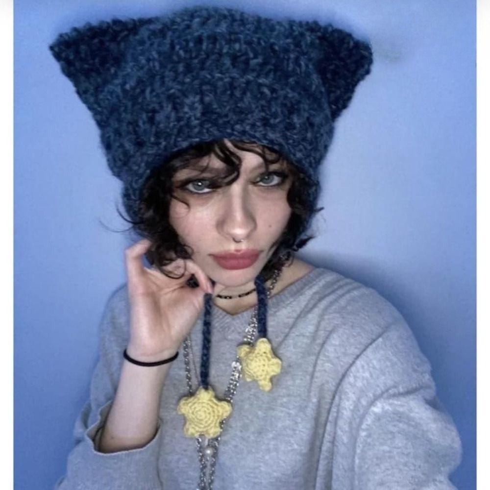 Bebetterm Mũ beanie Dệt Kim y2k Tai Mèo Nhiều Màu Ấm Áp Mùa Xuân Hè
