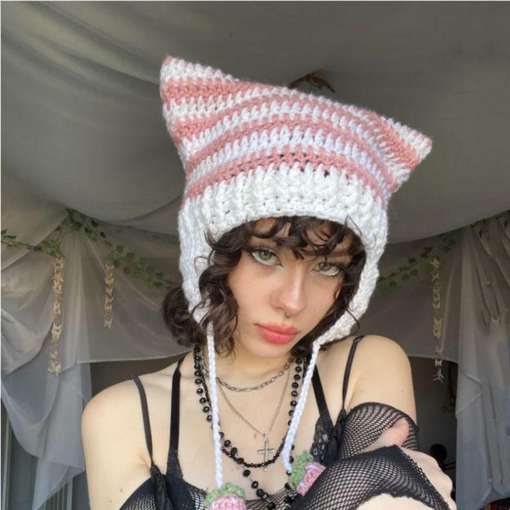 Bebetterm Mũ beanie Dệt Kim y2k Tai Mèo Nhiều Màu Ấm Áp Mùa Xuân Hè