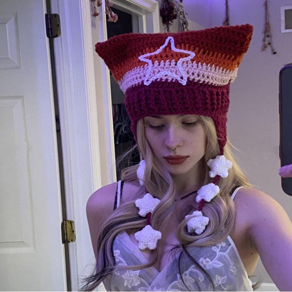 Mũ beanie Trùm Tai Mèo Họa Tiết Kẻ Sọc Đính Quả Bông Nhiều Màu Dễ Thương y2k