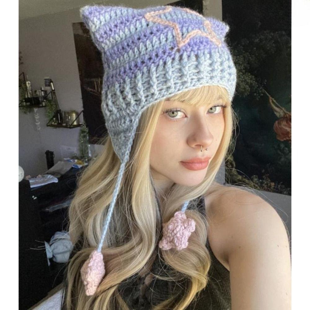 Mũ beanie Trùm Tai Mèo Họa Tiết Kẻ Sọc Đính Quả Bông Nhiều Màu Dễ Thương y2k
