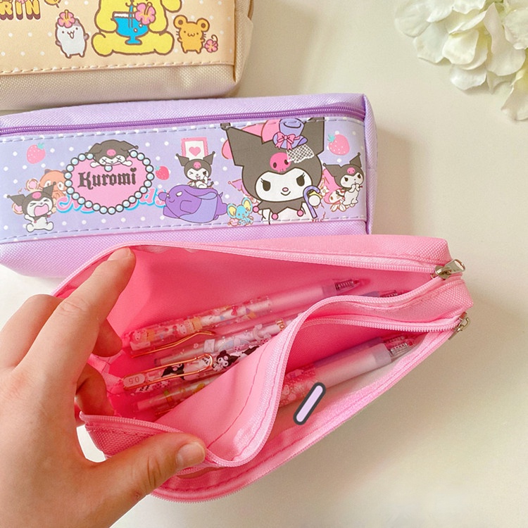 Túi Đựng Bút Chì Hai Ngăn Sức Chứa Lớn In Họa Tiết Hoạt Hình kuromi Có Khóa Kéo Cho Học Sinh