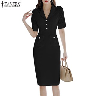 Zanzea Đầm Nữ Ngắn Tay Cổ Bẻ Thời Trang Hàn