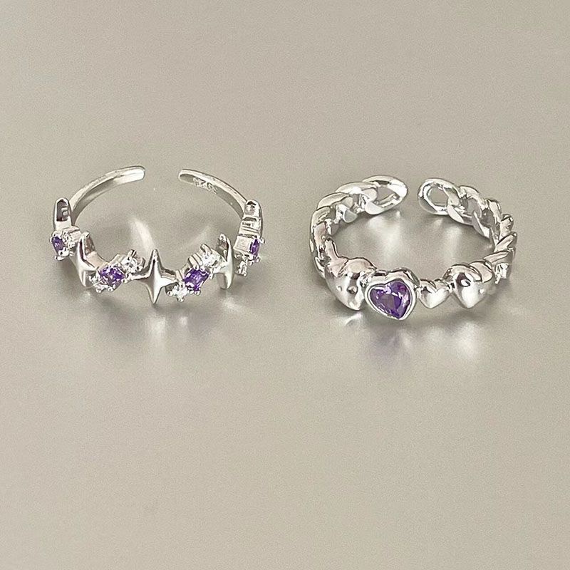 1 Cặp Nhẫn Hở Hình Trái Tim Đính Đá zircon Màu Tím Ngọt Ngào Sang Trọng Có Thể Điều Chỉnh