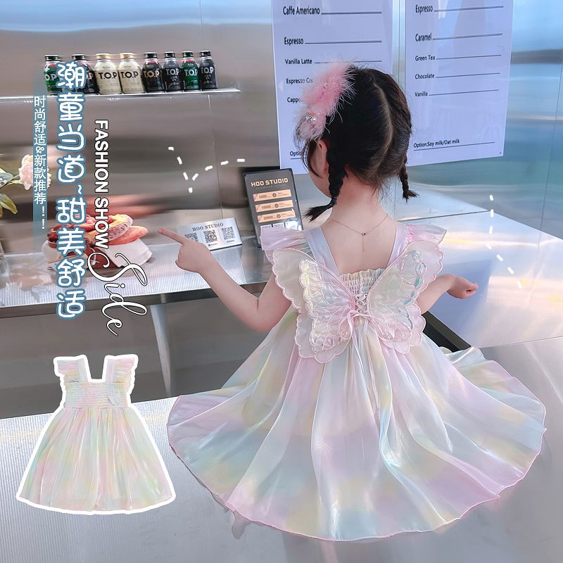 Đầm Công Chúa Họa Tiết Cánh Bướm Màu Cầu Vồng Thời Trang Mùa Hè Xinh Xắn Cho Bé Gái