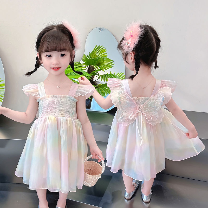 Đầm Công Chúa Họa Tiết Cánh Bướm Màu Cầu Vồng Thời Trang Mùa Hè Xinh Xắn Cho Bé Gái