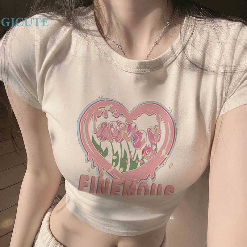 Áo Thun Croptop Tay Ngắn Cổ Tròn In Hình Trái Tim Phong Cách Đường Phố Thời Trang Mùa Hè Cho Nữ