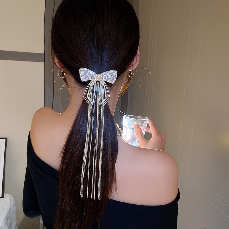Kẹp Tóc Hình Nơ Đính Đá Tua Rua Phong Cách Thời Trang Độc Đáo