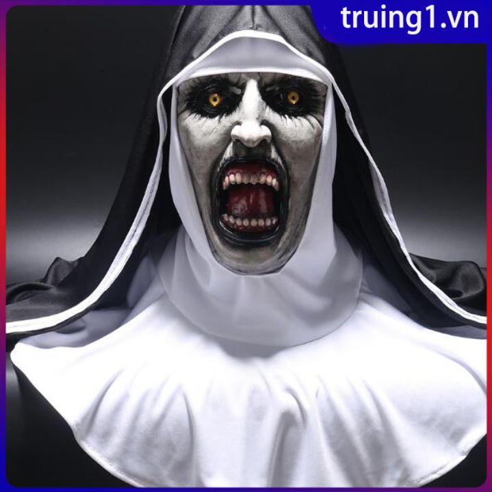 Halloween Nữ Tu Kinh Dị Mặt Nạ Cosplay Valak Đáng Sợ Mặt Nạ Cao Su Với Khăn Trùm Đầu Mạng Che Mặt Mũ Bảo Hiểm Full Face Kinh Dị Trang Phục Chống Đỡ Truing1