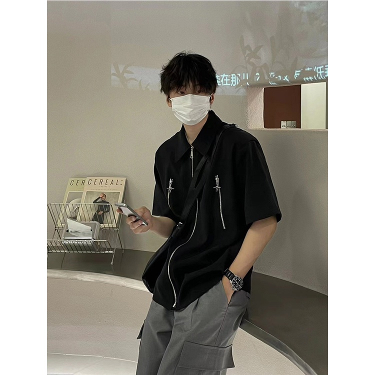 Áo Khoác Sơ Mi Nam Tay Ngắn Dáng Rộng Màu Đen Có Dây Kéo Phong Cách Đường Phố Mùa Hè