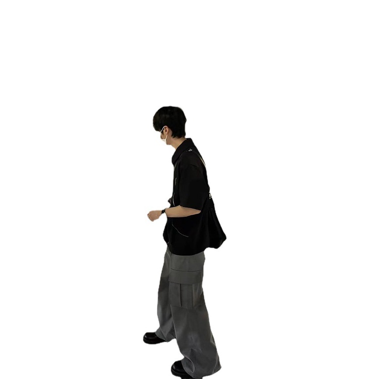 Áo Khoác Sơ Mi Nam Tay Ngắn Dáng Rộng Màu Đen Có Dây Kéo Phong Cách Đường Phố Mùa Hè