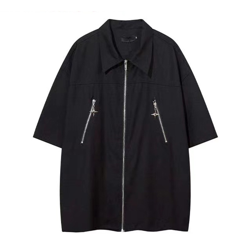 Áo Khoác Sơ Mi Nam Tay Ngắn Dáng Rộng Màu Đen Có Dây Kéo Phong Cách Đường Phố Mùa Hè