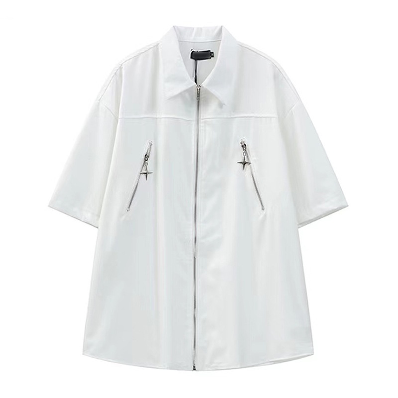 Áo Khoác Sơ Mi Nam Tay Ngắn Dáng Rộng Màu Đen Có Dây Kéo Phong Cách Đường Phố Mùa Hè