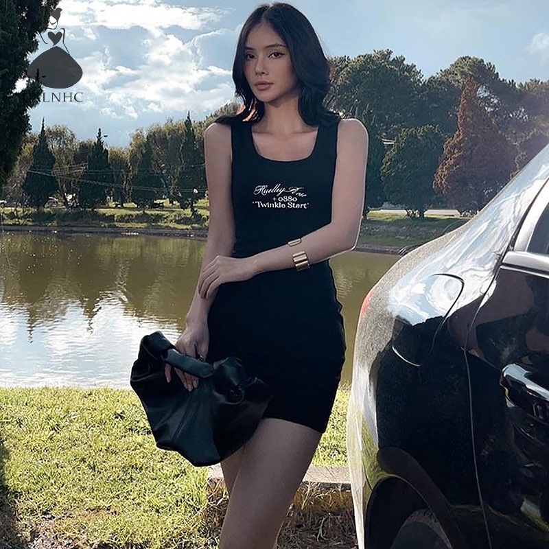 Đầm mini CRLNHC ôm dáng không tay in chữ thời trang mùa hè cho nữ