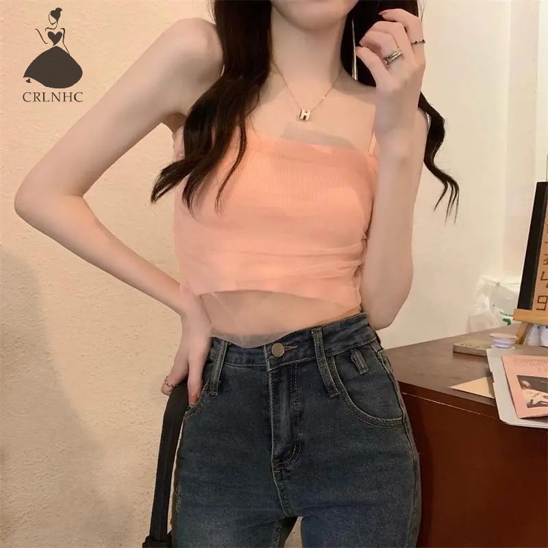 Crlnhc Áo Dệt Kim Sát Nách Màu Trơn Phối Lưới Thời Trang Mùa Hè Cho Nữ vn