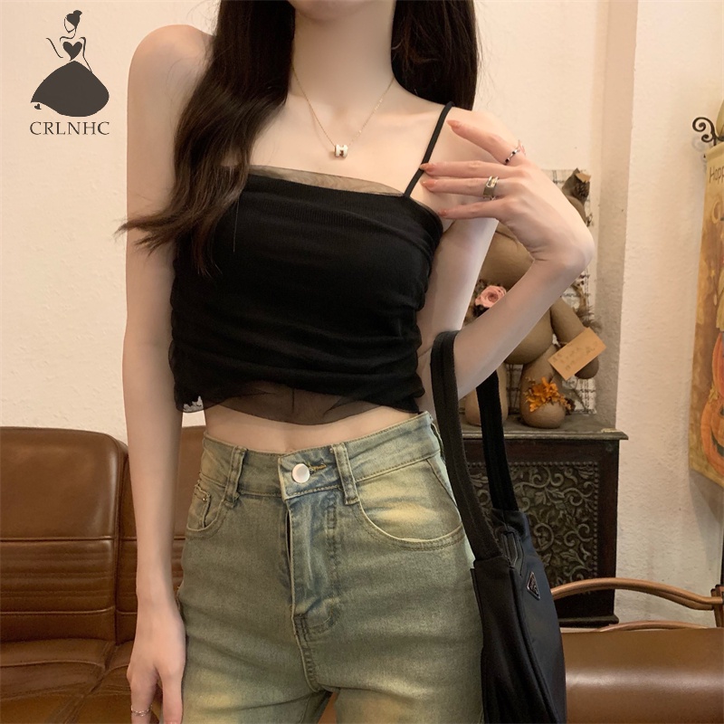 Crlnhc Áo Dệt Kim Sát Nách Màu Trơn Phối Lưới Thời Trang Mùa Hè Cho Nữ vn