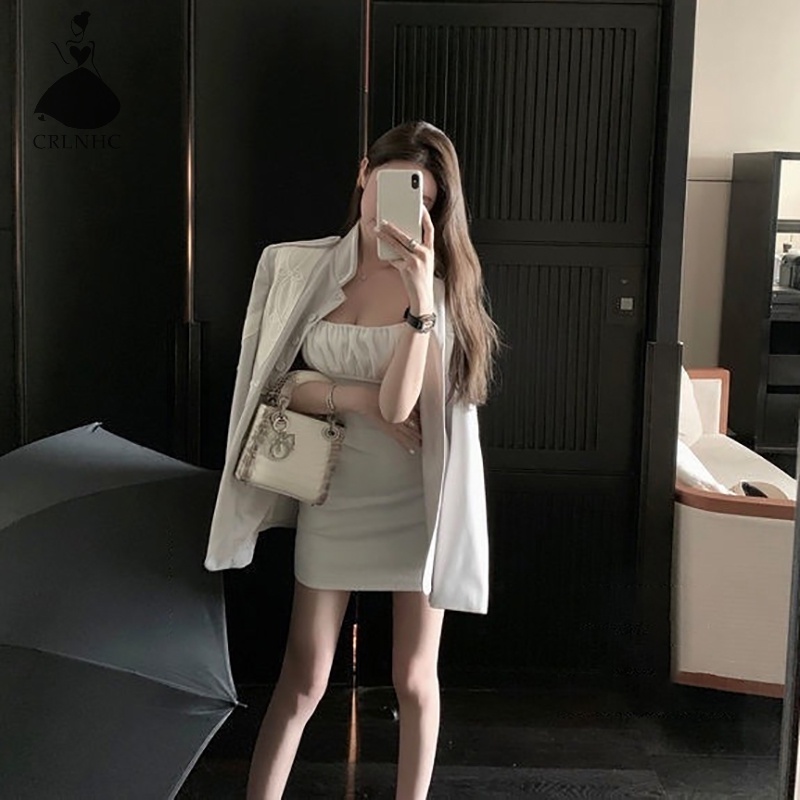 Crlnhc Đầm Hai Dây mini Xếp Ly Đơn Giản vintage Mùa Hè Cho Nữ vn