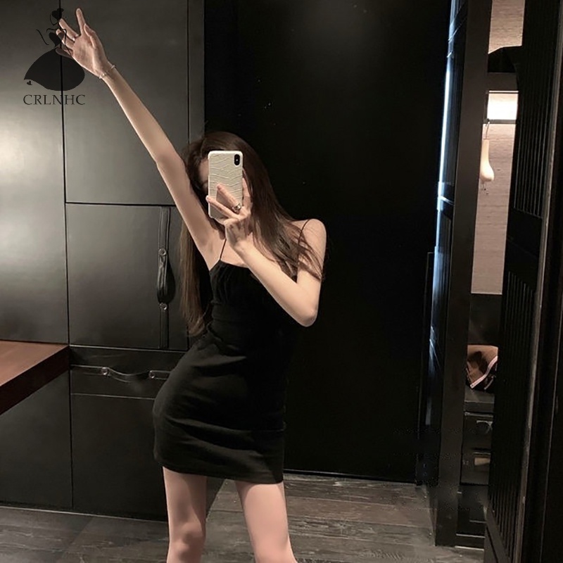 Crlnhc Đầm Hai Dây mini Xếp Ly Đơn Giản vintage Mùa Hè Cho Nữ vn