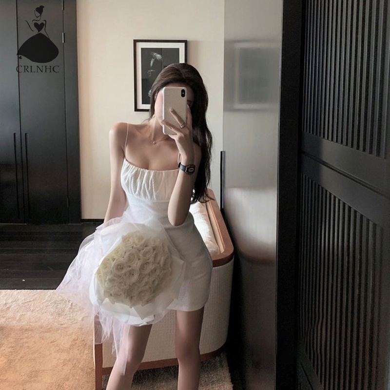 Crlnhc Đầm Hai Dây mini Xếp Ly Đơn Giản vintage Mùa Hè Cho Nữ vn