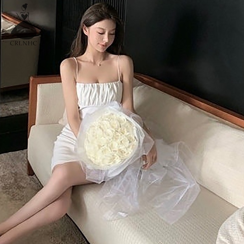 Crlnhc Đầm Hai Dây mini Xếp Ly Đơn Giản vintage Mùa Hè Cho Nữ vn