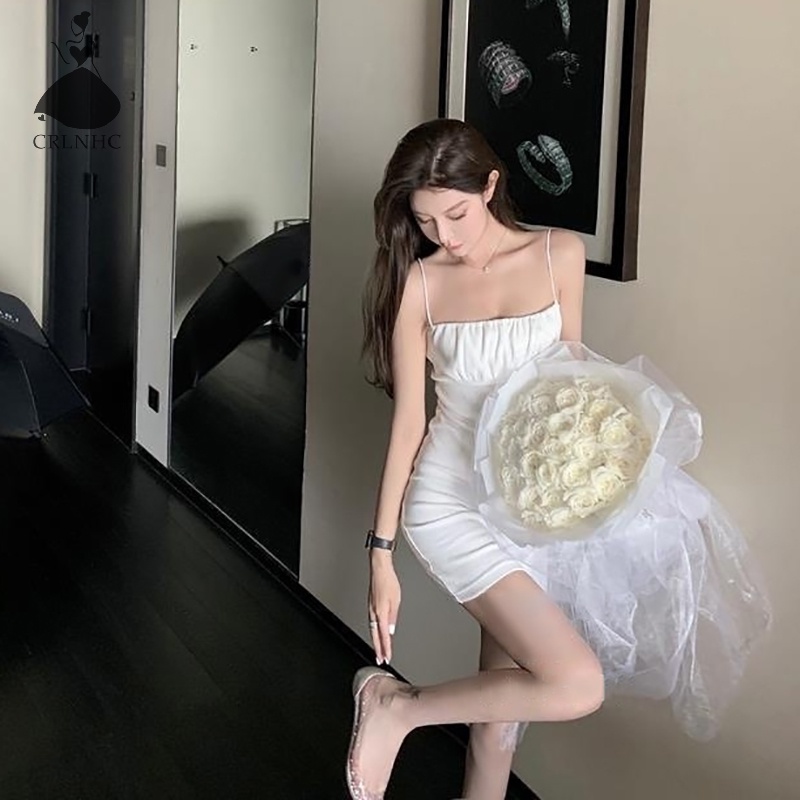 Crlnhc Đầm Hai Dây mini Xếp Ly Đơn Giản vintage Mùa Hè Cho Nữ vn