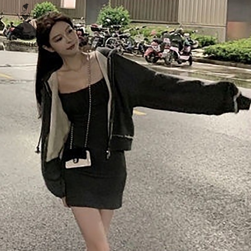 Crlnhc Đầm Hai Dây mini Xếp Ly Đơn Giản vintage Mùa Hè Cho Nữ vn