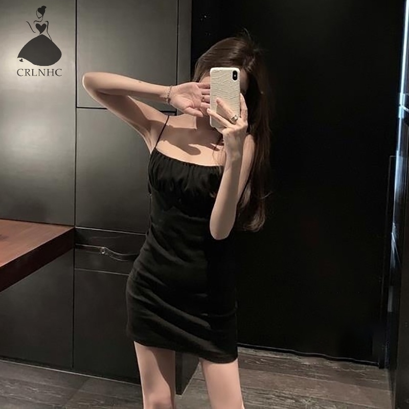 Crlnhc Đầm Hai Dây mini Xếp Ly Đơn Giản vintage Mùa Hè Cho Nữ vn