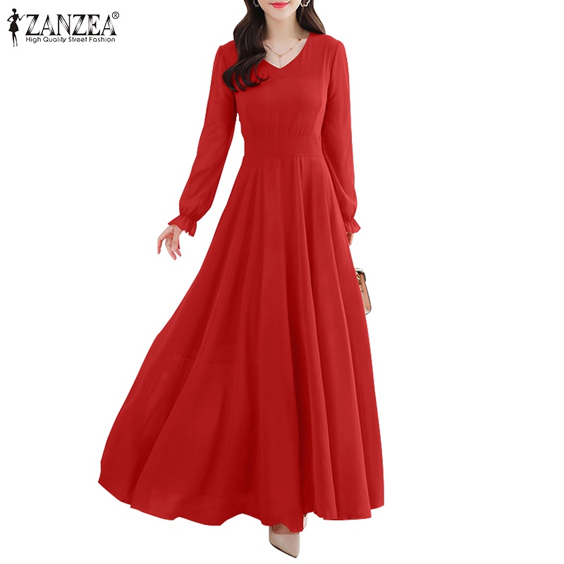 Zanzea Đầm Nữ Tay Dài Cổ Chữ v Thời Trang Phong Cách Hàn Quốc
