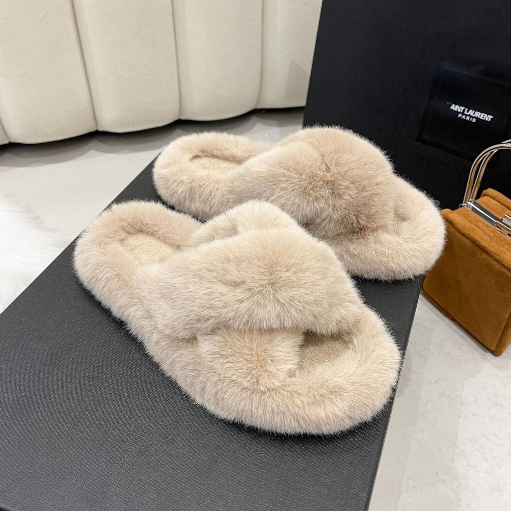 Mới Dép Quai Ngang Phối Lông Xù Phong Cách Trẻ Trung Dành Cho Nữ