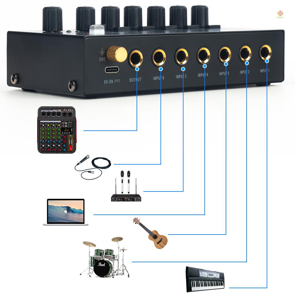 Nicephoto Máy Trộn Âm Thanh Nổi mini Tiếng Ồn Thấp 6 Kênh Cho Đàn Guitar bass / Bàn Phím Sân Khấu