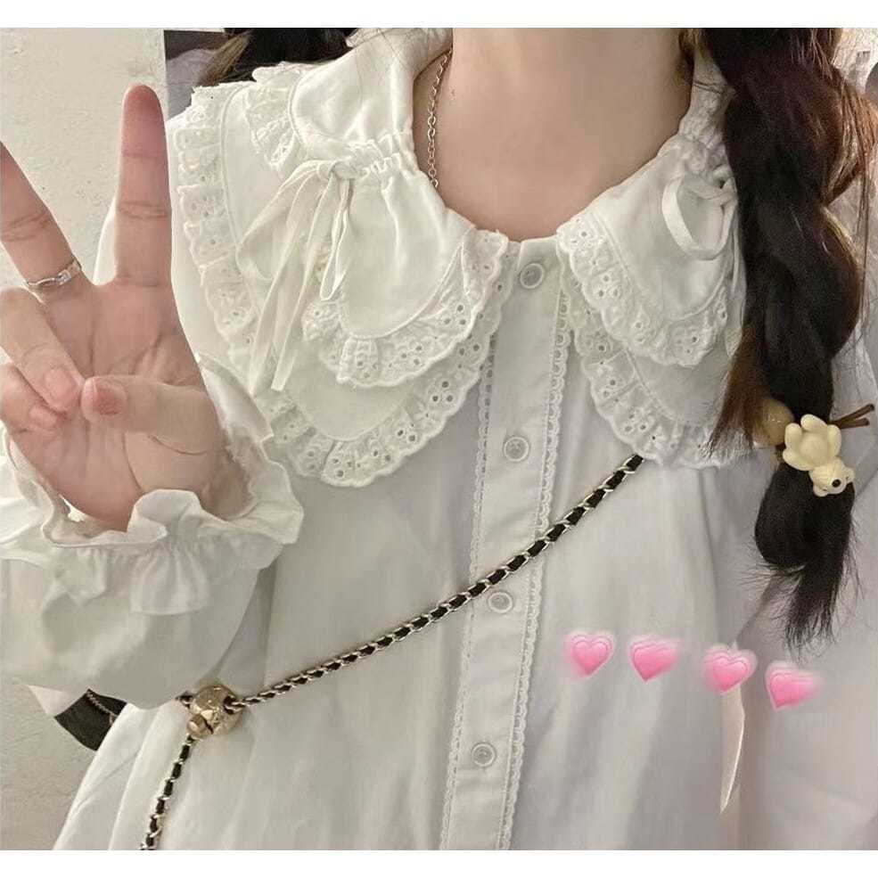 Áo Sơ Mi Tay Dài Cổ Búp Bê Thắt Dây Phong Cách lolita Nhật Bản