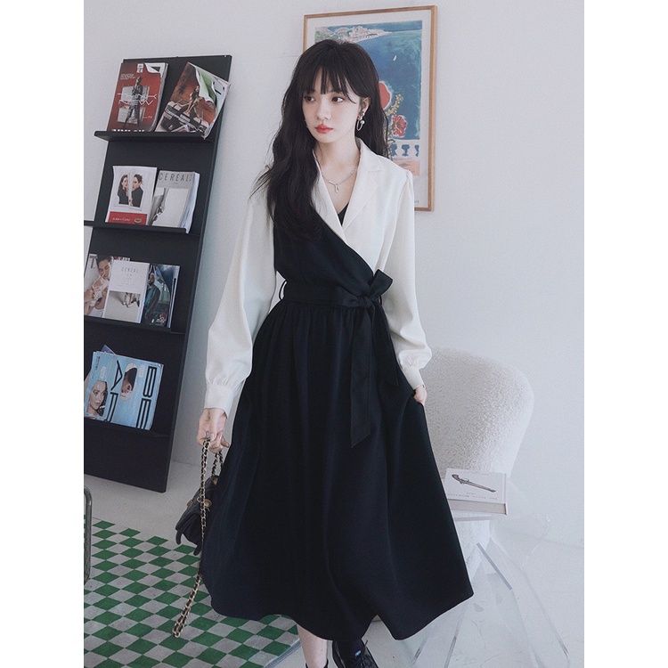 Đầm cổ vest chéo eo 2 màu tương phản Quảng châu cao cấp đi tiệc đi chơi váy nữ thanh lịch Xiny D304230