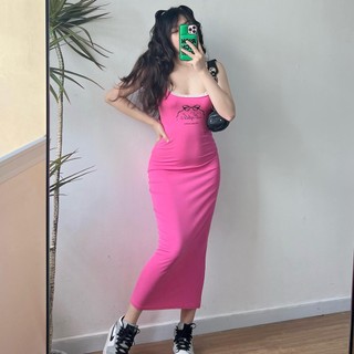 Váy midi body hồng 2 dây phối ren trắng
