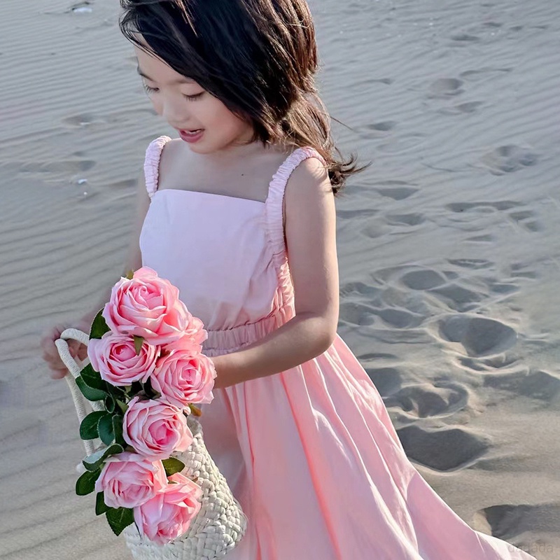 Đầm Công Chúa Mùa Hè Hai Dây Màu Trơn Phong Cách Hàn Quốc Cho Bé Gái