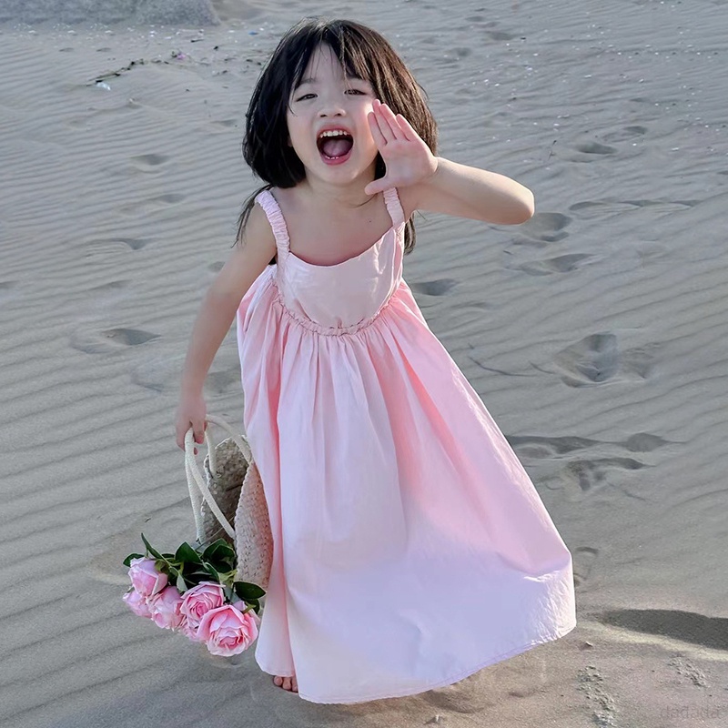 Đầm Công Chúa Mùa Hè Hai Dây Màu Trơn Phong Cách Hàn Quốc Cho Bé Gái