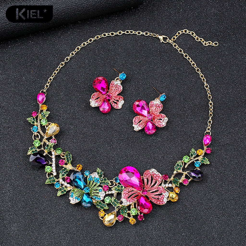 Kl * Bộ Vòng cổ Và Bông Tai Hình Hoa Lá Đính Kim Cương Giả Tinh Xảo Cho Dạ Hội Và Phụ Kiện