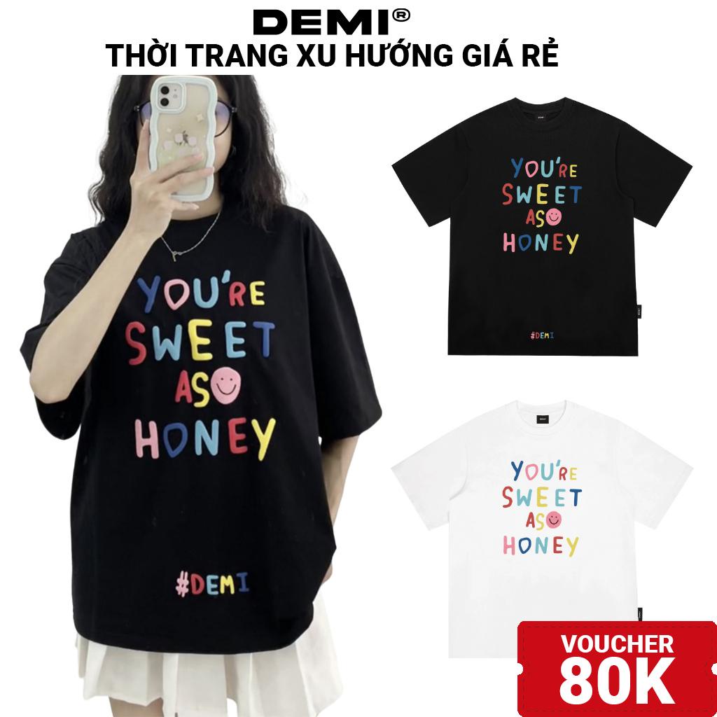 Áo thun nữ form rộng tay ngắn dễ thương chính hãng giá rẻ màu đen, trắng thun cotton local brand DEMI | DE-T32