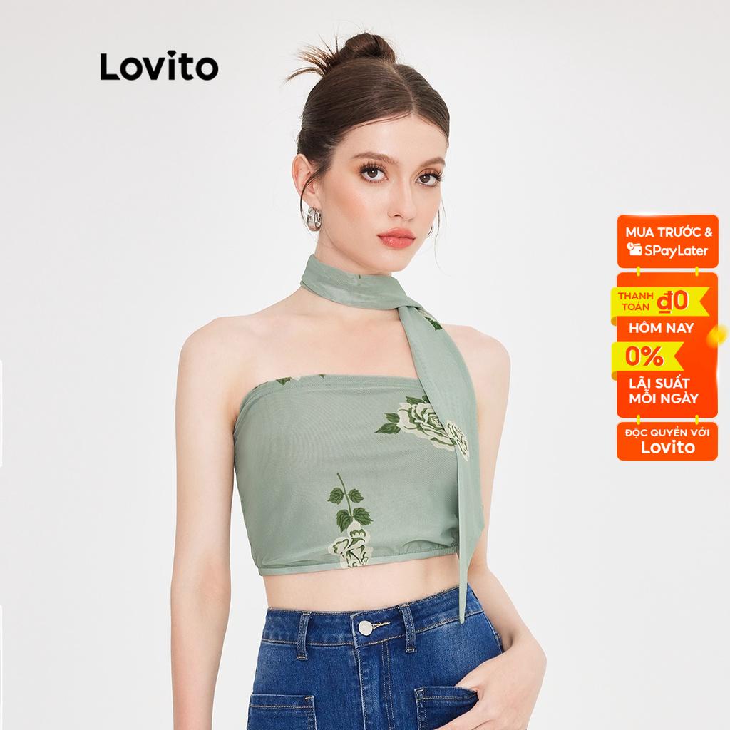 Áo sát nách Lovito xếp nếp phối lưới tương phản họa tiết hoa boho cho nữ L51ED067 (màu xanh lá nhạt)