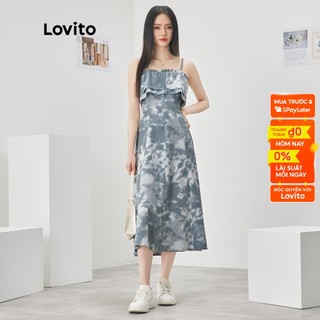 Đầm Lovito nhuộm màu xếp nếp viền nhún bèo phong cách thường ngày dành cho nữ L52AD097 (xanh dương)