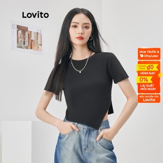 Áo thun Lovito màu trơn bất đối xứng xẻ tà phong cách thường ngày dành cho nữ L52AD021 (đen)