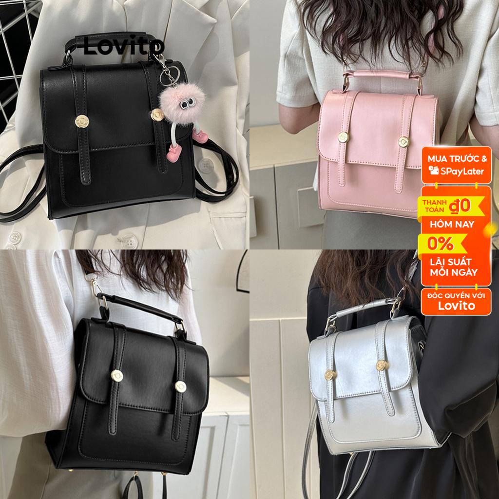 Balo Lovito màu trơn phối kim loại phong cách Preppy cho nữ L60AD122 (Cà phê/Hồng/Bạc/Đen)