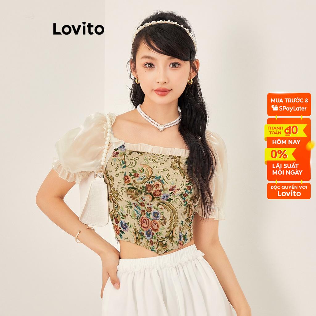 Áo kiểu Lovito phong cách thường ngày họa tiết hoa viền nhún bèo tay ngắn dành cho nữ L53AD005 (trắng ngà)