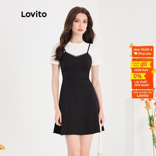 Đầm mini Lovito kiểu chữ A tay ngắn cổ tròn ghép nối màu trơn thường ngày cho nữ L51ED120 (Màu đen và trắng)