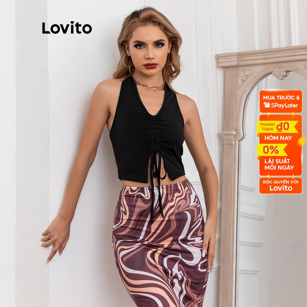 Áo cổ yếm Lovito màu trơn hở lưng dây rút L06153 (màu đen)