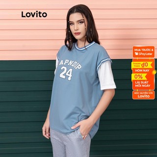Áo Thun Lovito In Chữ Phong Cách Thể Thao 2 Trong 1 L06036 (Màu Xanh Dương)