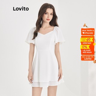 Đầm mini Lovito kiểu chữ A tay ngắn hai lớp màu trơn thường ngày cho nữ L51ED115 (Màu trắng kem)