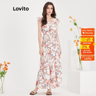 Đầm Lovito thắt lưng lai bèo xếp nếp ôm dáng họa tiết hoa cho nữ L51ED131 (màu vàng nhạt)