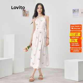 Đầm Lovito họa tiết hoa nhí xếp nếp buộc dây siết eo hở lưng phong cách thường ngày dành cho nữ L52AD079 (trắng)